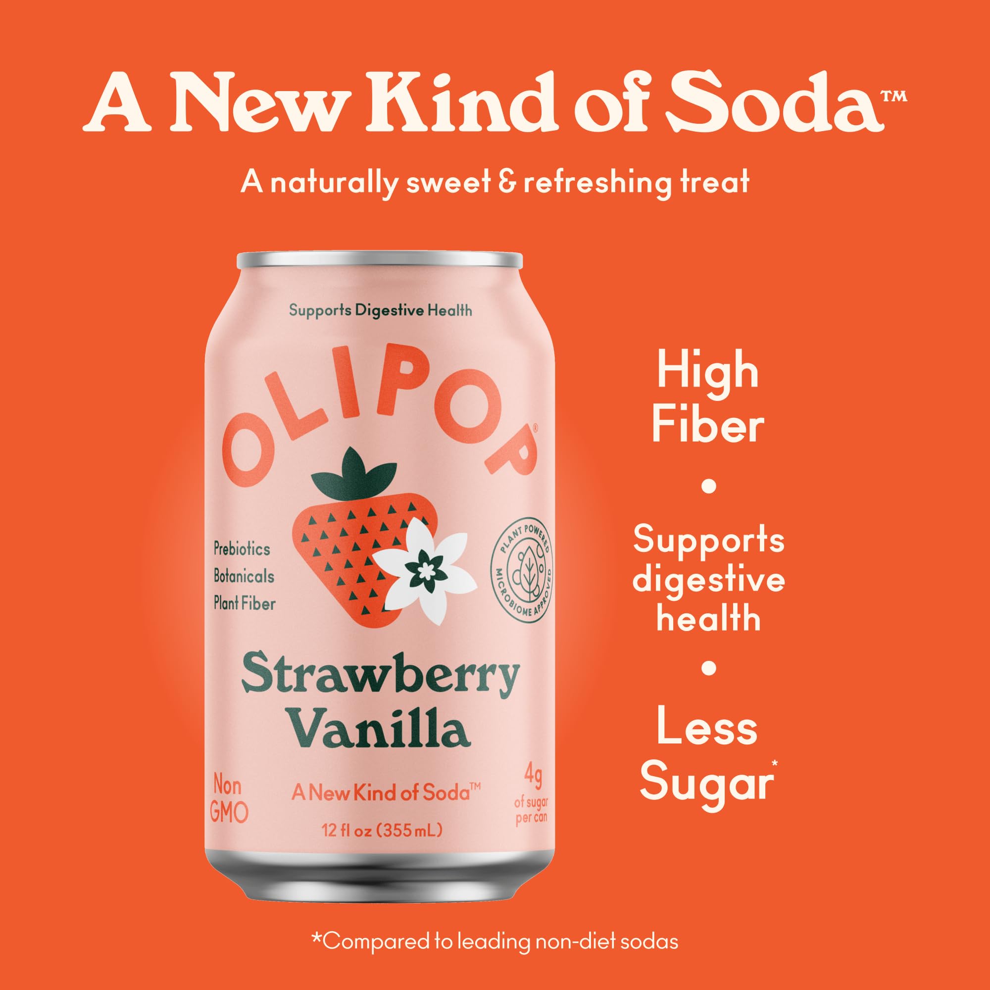OLIPOP Strawberry Vanilla label close-up highlights gluten-free and non-GMO attributes.