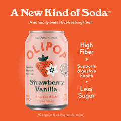 OLIPOP Strawberry Vanilla label close-up highlights gluten-free and non-GMO attributes.