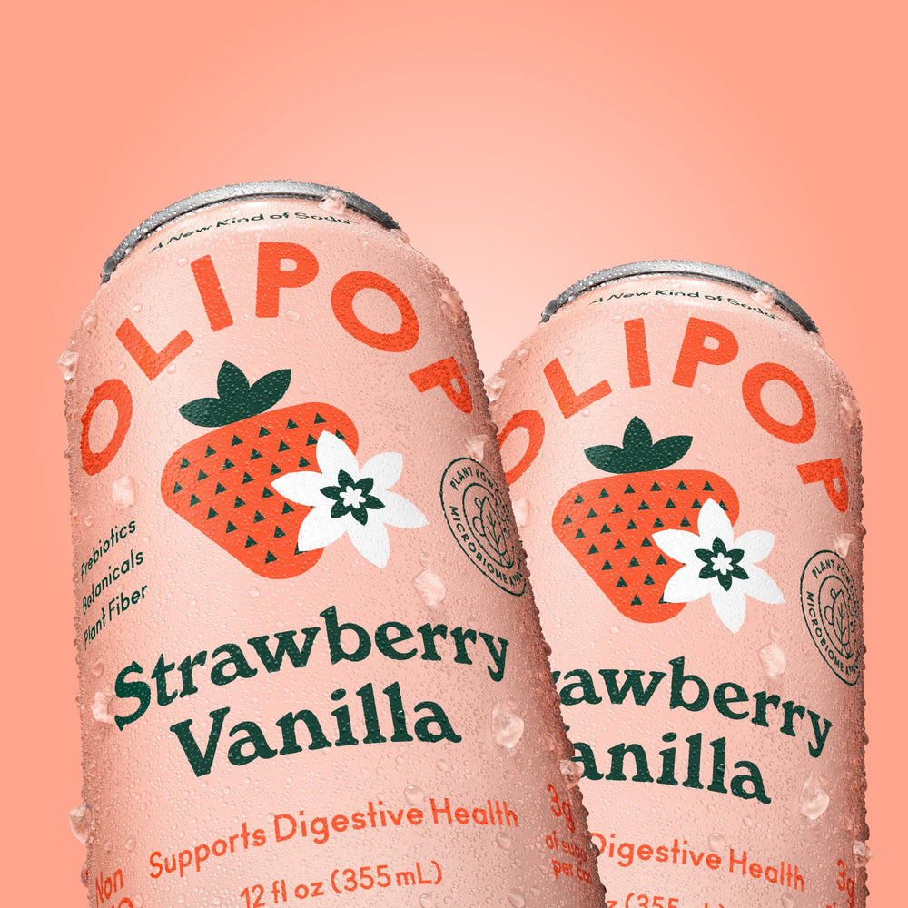 OLIPOP Strawberry Vanilla packaging highlights gluten-free and paleo-friendly attributes.