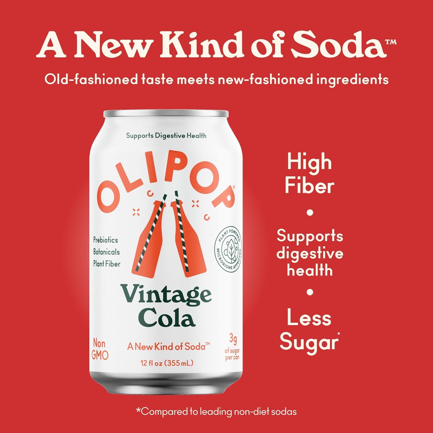 OLIPOP Vintage Cola ingredients label close-up with botanicals and plant fiber.