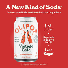 OLIPOP Vintage Cola ingredients label close-up with botanicals and plant fiber.