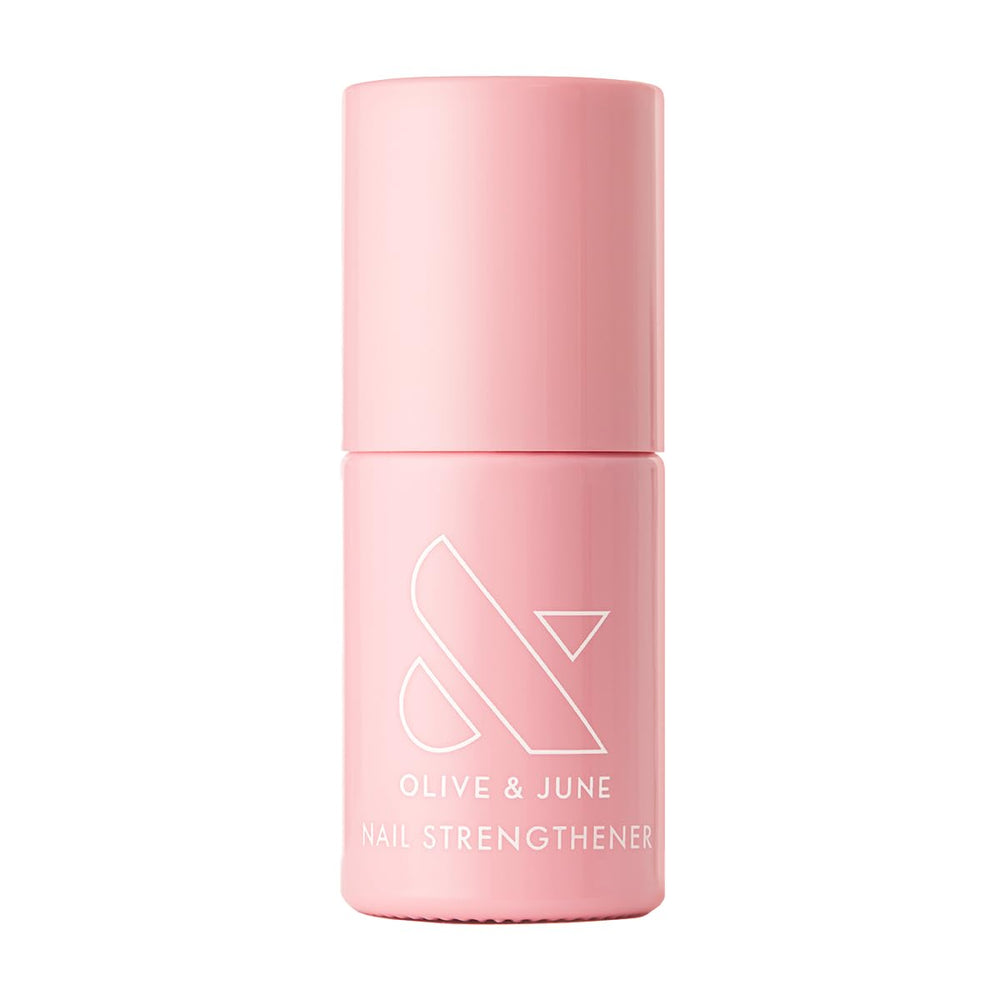 Olive and June Nail Strengthener bottle close-up shows vegan formula for stronger nails