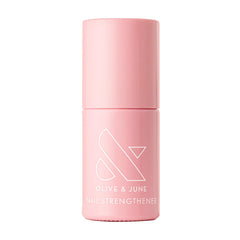 Olive and June Nail Strengthener bottle close-up shows vegan formula for stronger nails
