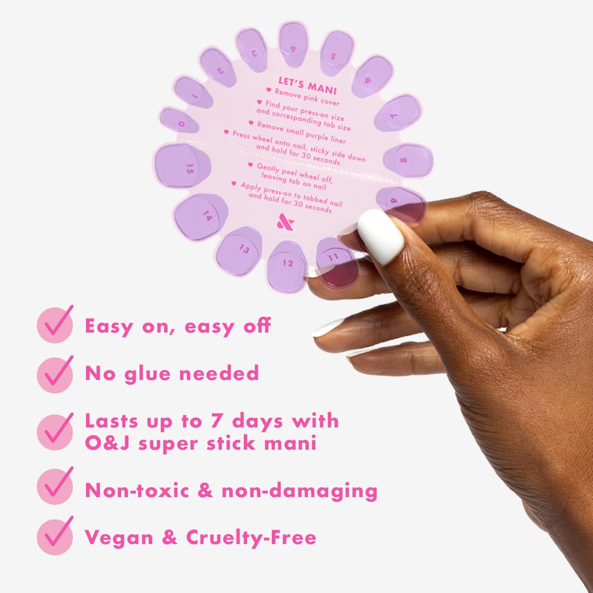 Olive & June nails on hand reveal natural fit and seamless look.
