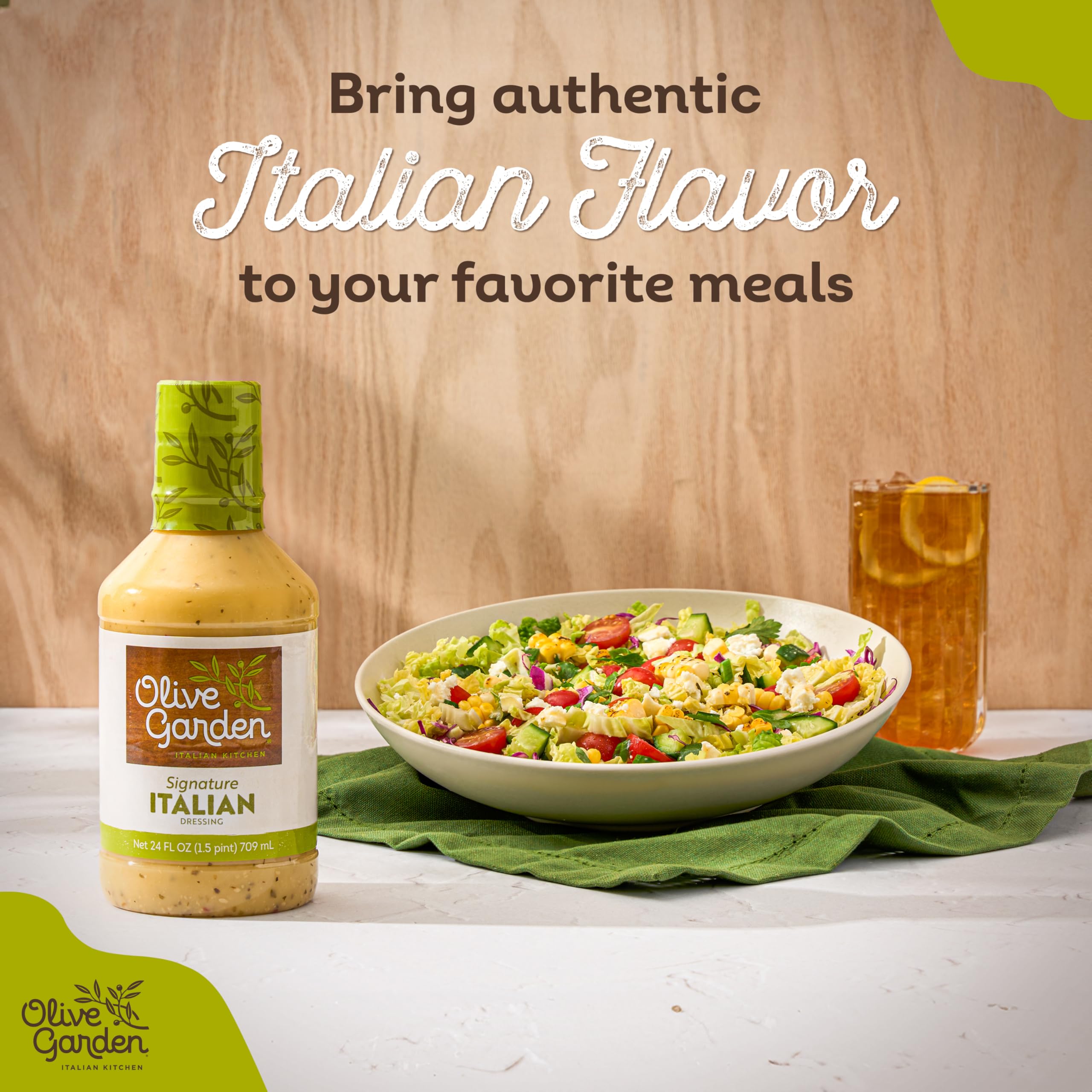 Olive Garden Signature Italian Dressing label on glass jar highlights gluten-free option.