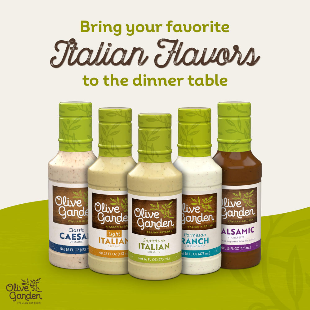 Olive Garden Signature Italian Dressing bottle on shelf emphasizes gluten-free option.