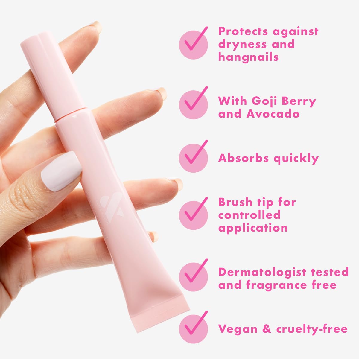 Olive & June Cuticle Oil in use around cuticles, fast-absorbing and non-greasy
