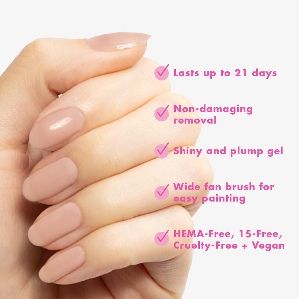 Olive & June gel top coat adds lasting shine and chip resistance.