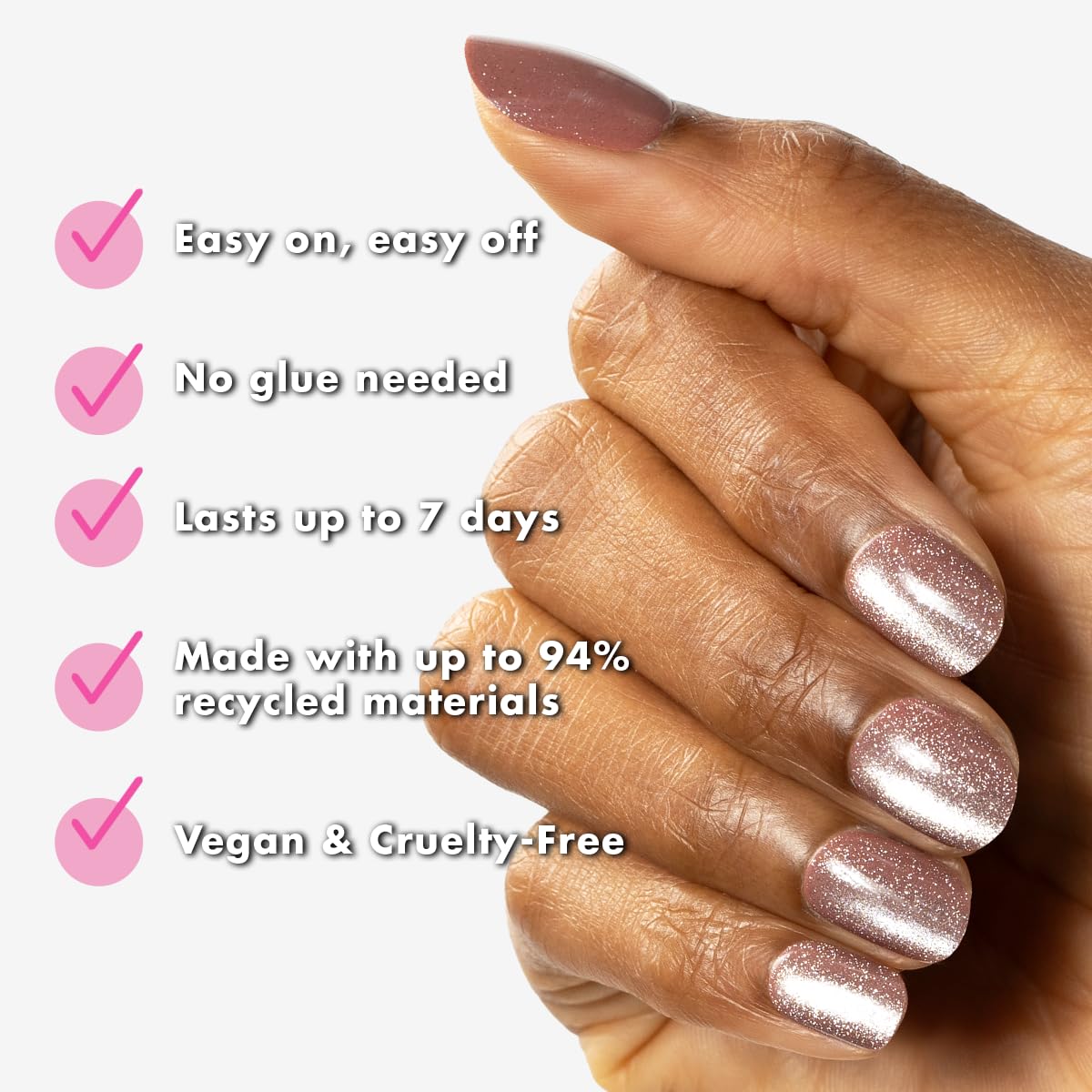 Olive & June no-glue nails shown on hand for mess-free wear.