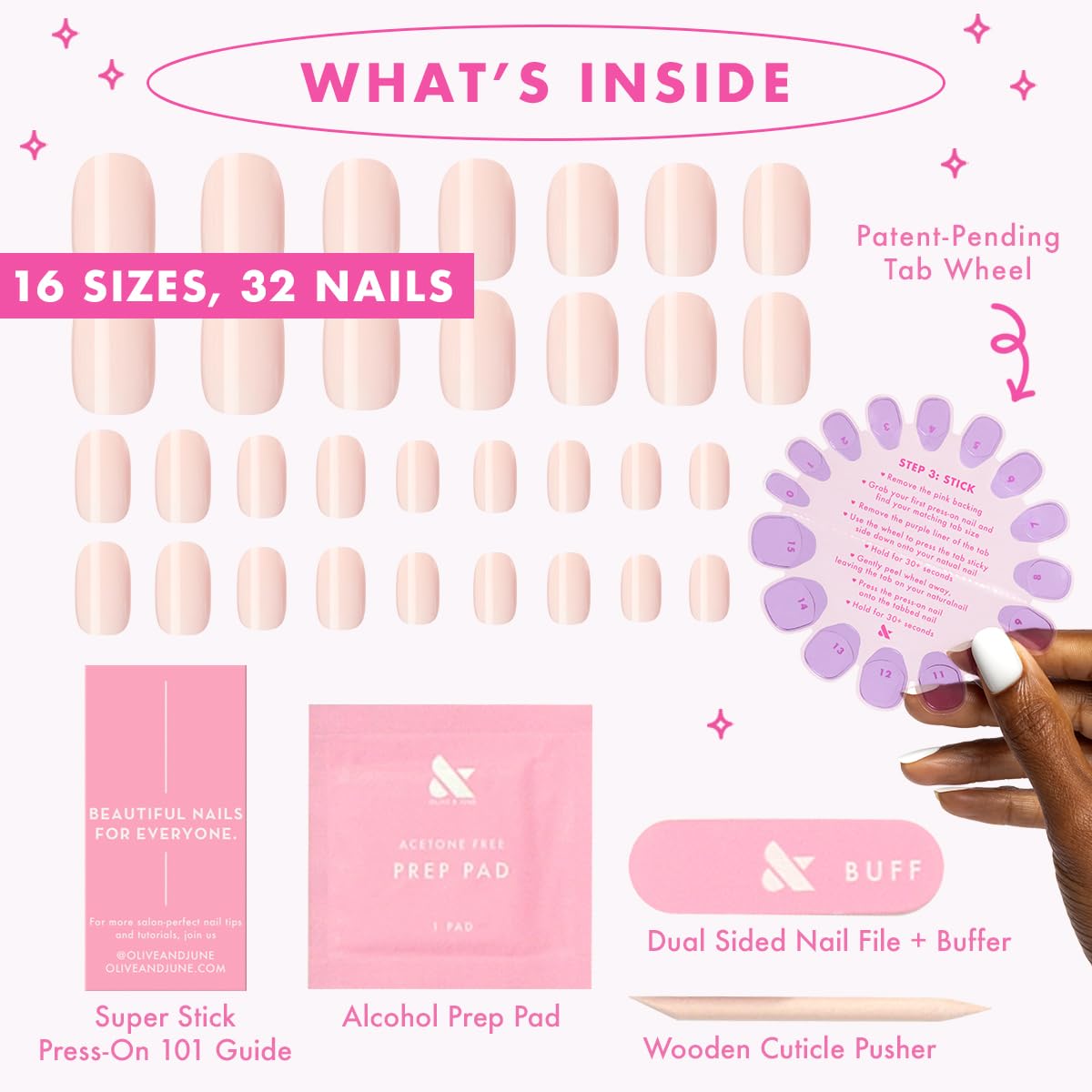 Olive & June press-on nails attached for quick, confident wear.