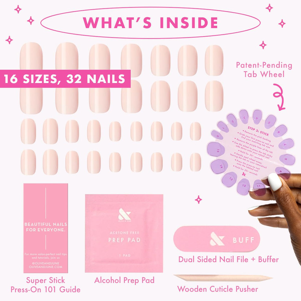 Olive & June press-on nails attached for quick, confident wear.