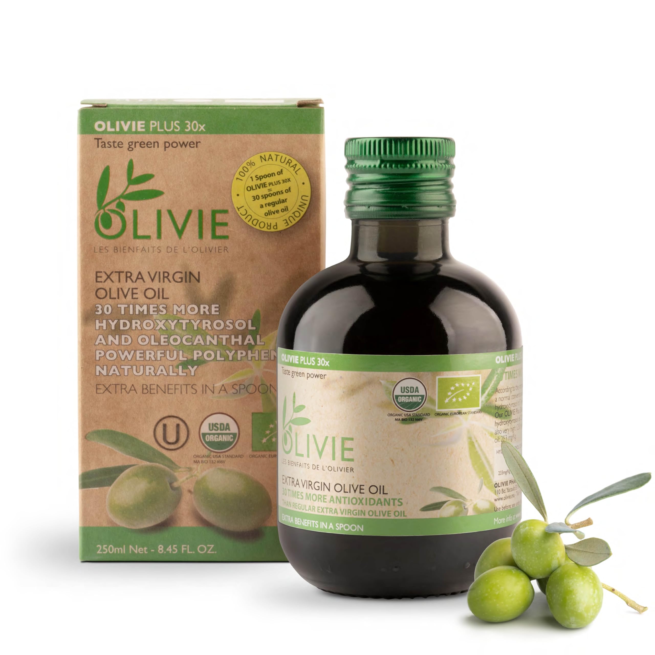 OLIVIE Plus organic olive oil bottle highlighting premium packaging for healthy cooking.
