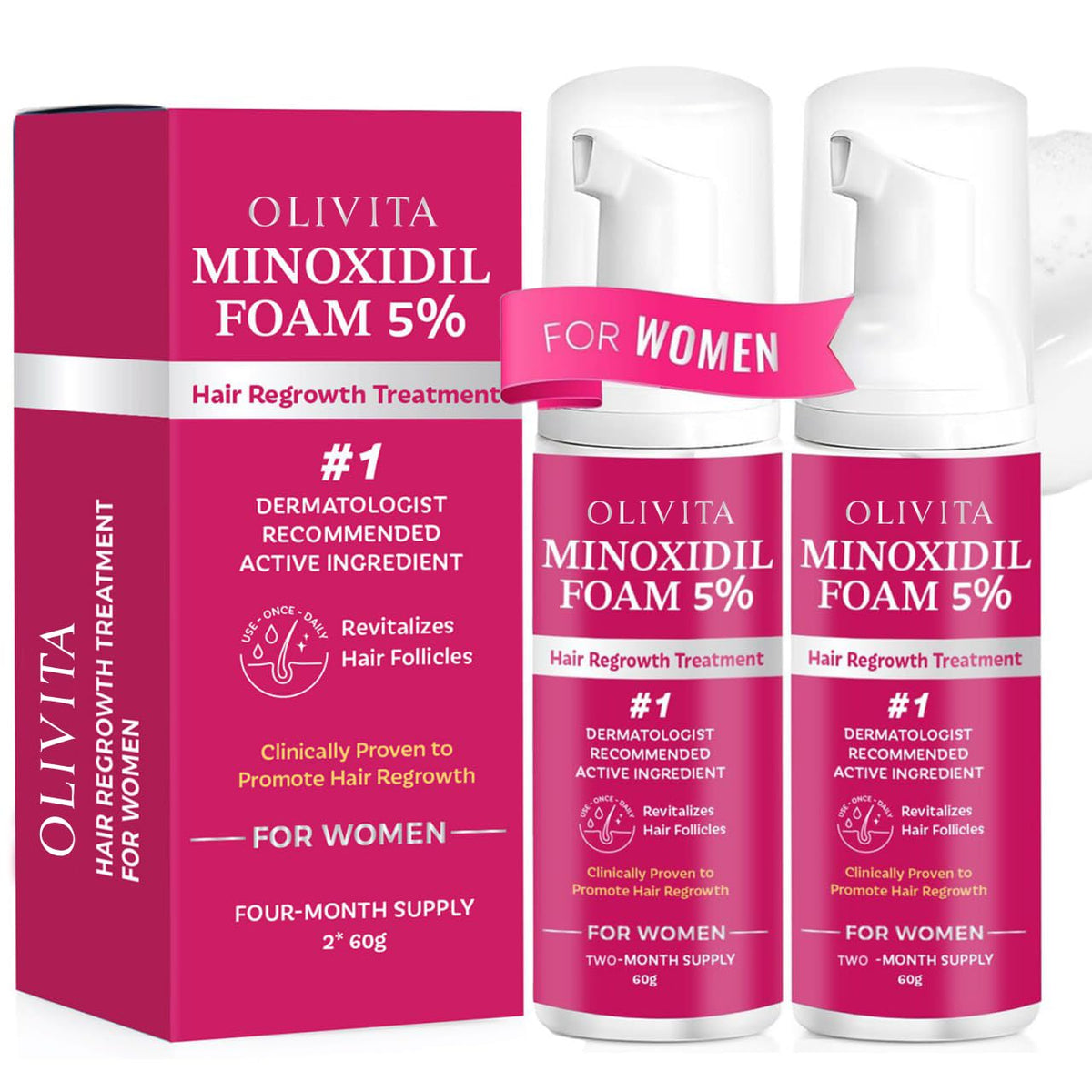 OLIVITA 5% Minoxidil Foam for Women shows application on scalp, supporting fuller-looking hair.