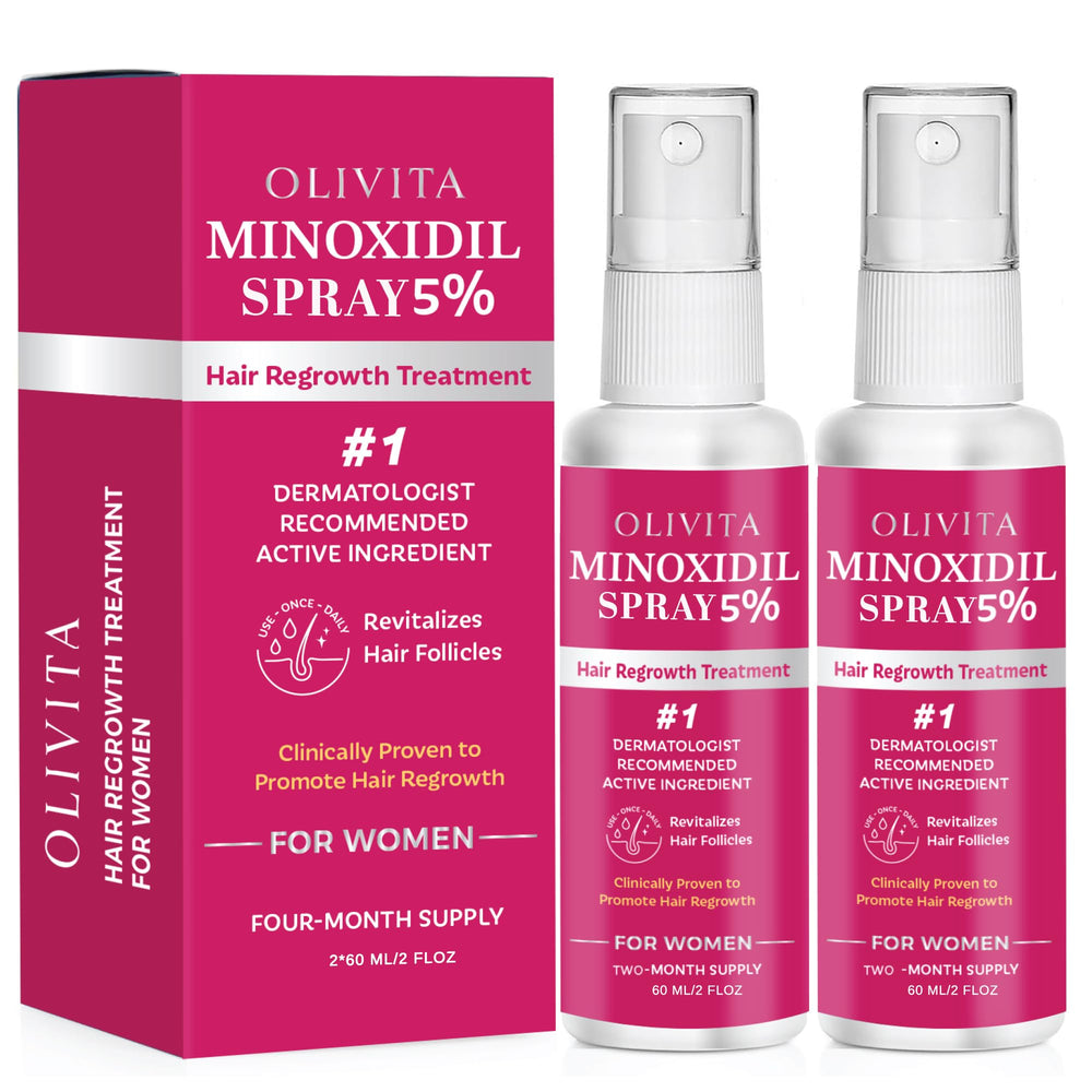 OLIVITA 5% Minoxidil spray for women bottle highlights compact packaging for daily use.