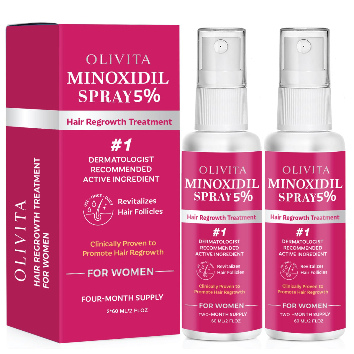 OLIVITA 5% Minoxidil spray for women bottle highlights compact packaging for daily use.