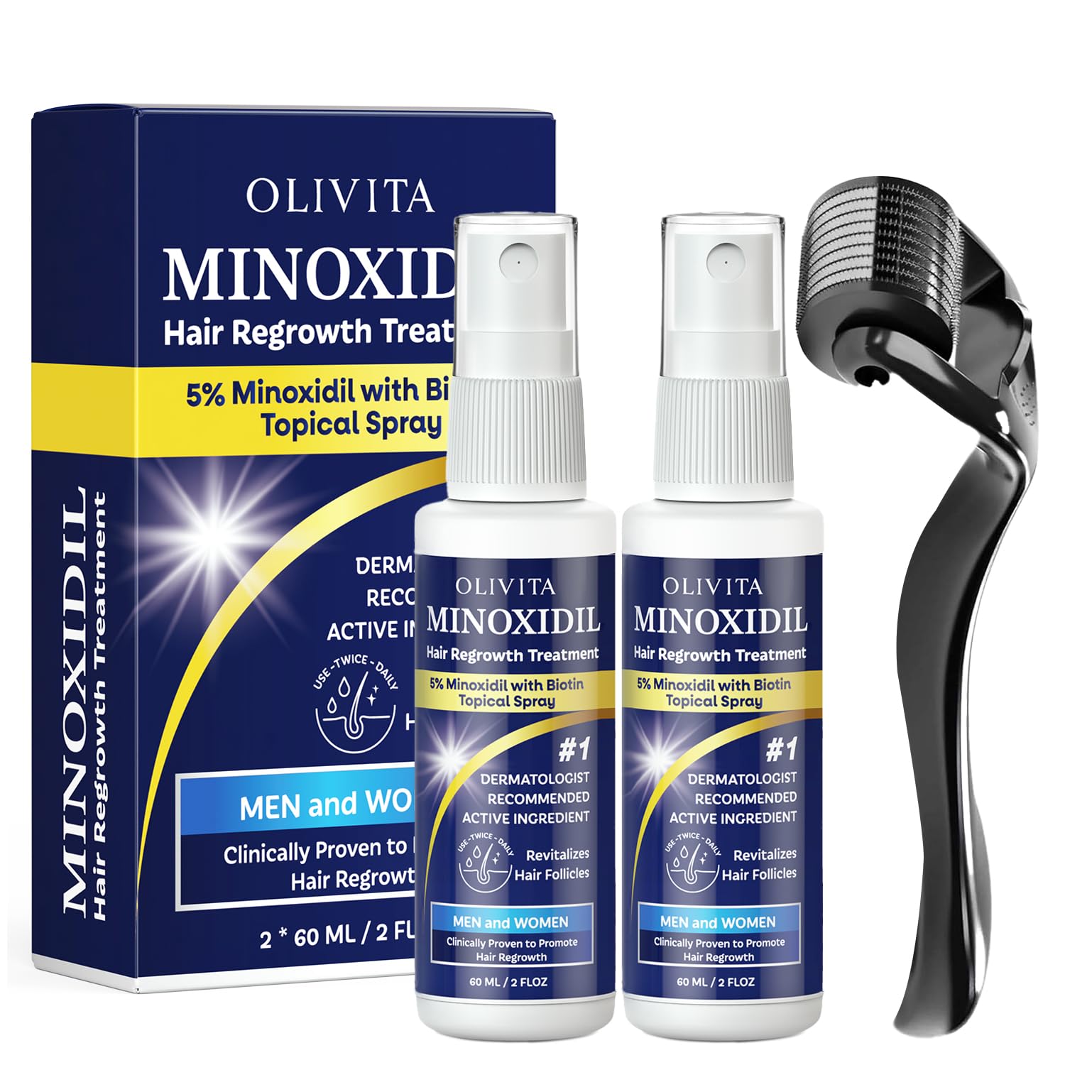 OLIVITA Minoxidil kit packaging shows two-pack solution for hair regrowth.