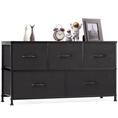 OLIXIS 5-drawer dresser with wood top and fabric bins for organized storage.