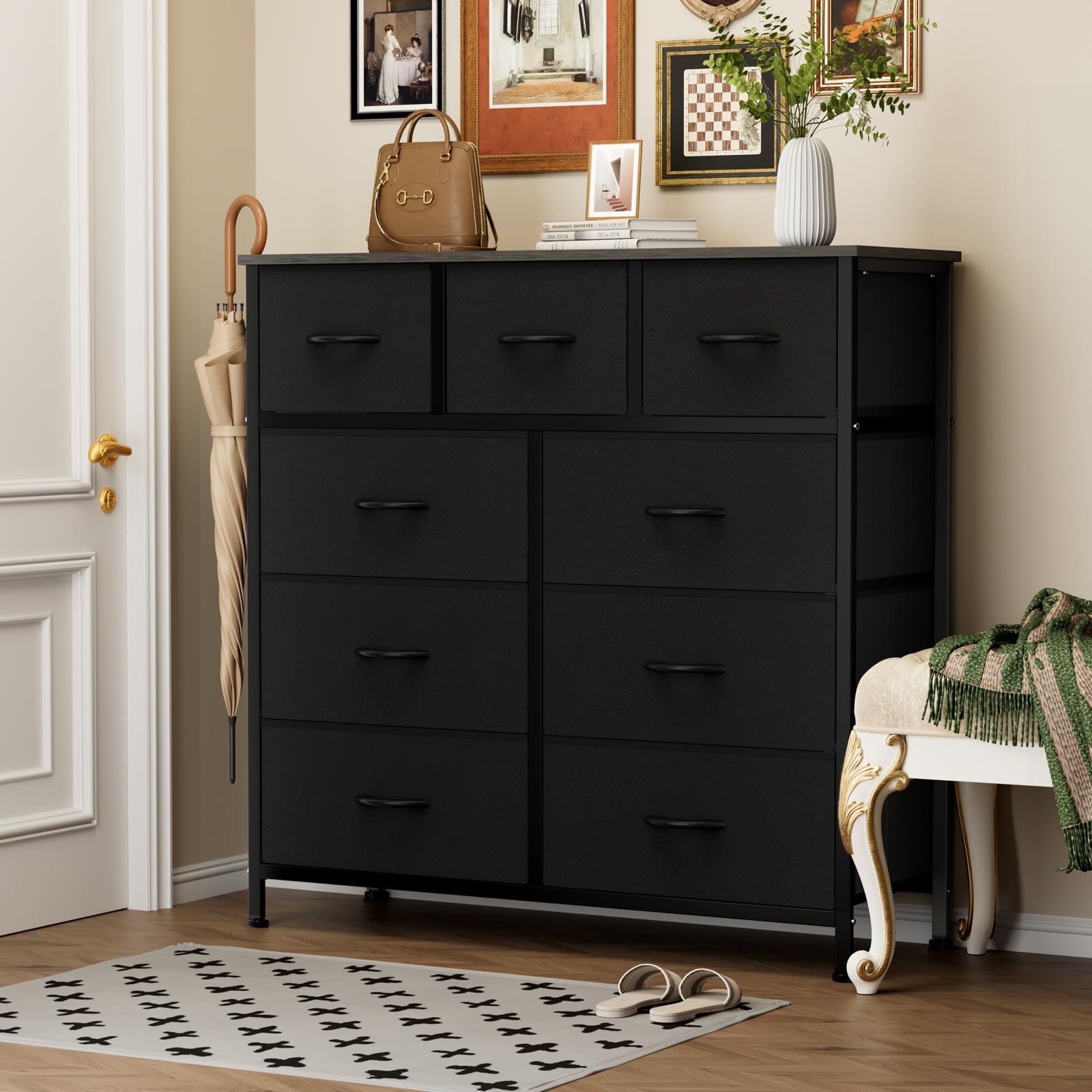 OLIXIS dresser assembled in a bedroom showcasing organized clothing storage