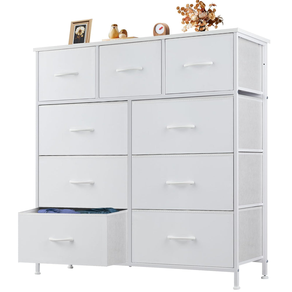 OLIXIS 9-drawer dresser with wood top in bright white, organized storage potential.