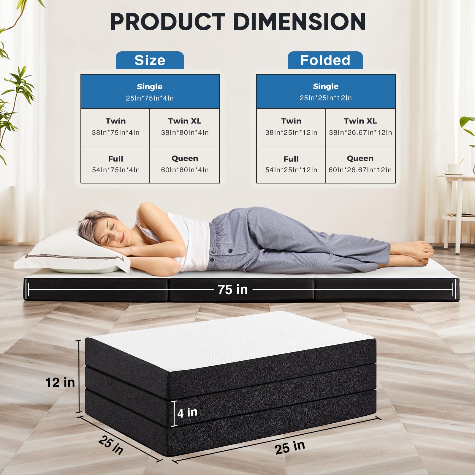 OLIXIS tri-fold mattress unfolded as a portable bed for guests