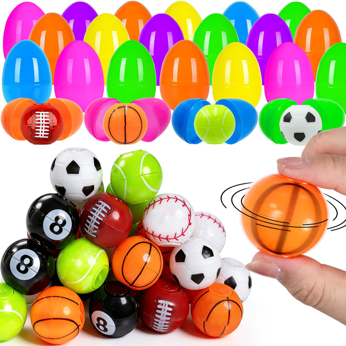 Olixmlya Easter egg fillers with sport ball spinner, perfect for lively egg hunts and hands-on play.
