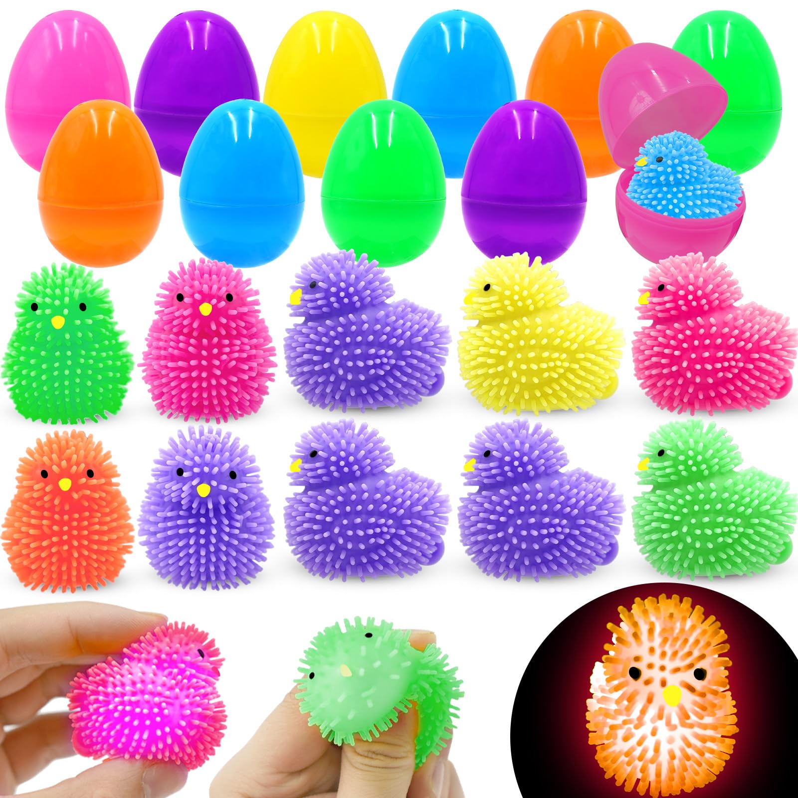 Olixmlya LED chick puffer balls closeup showing bright flashing colors