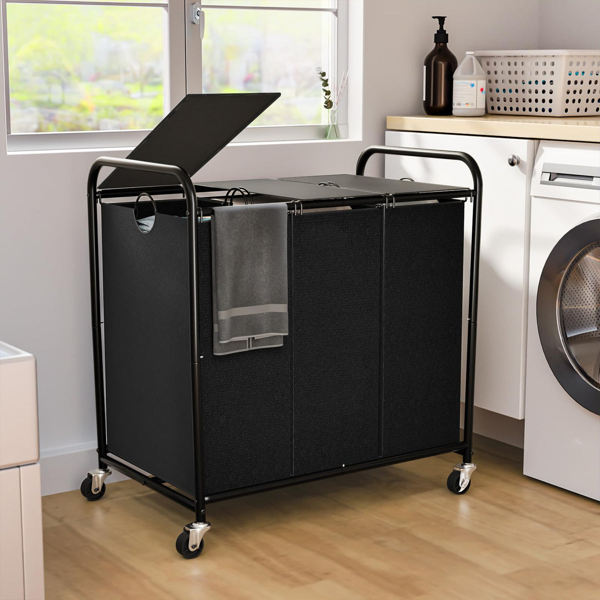 Olldide laundry sorter with 3-section design for organized clothing storage.
