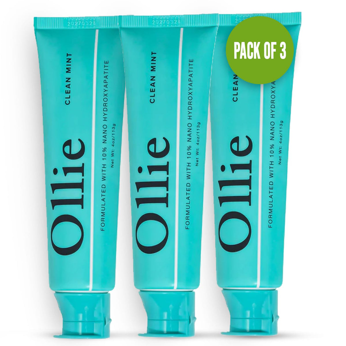 Ollie Clean Mint toothpaste pack of three 4oz tubes for enamel-friendly whitening.