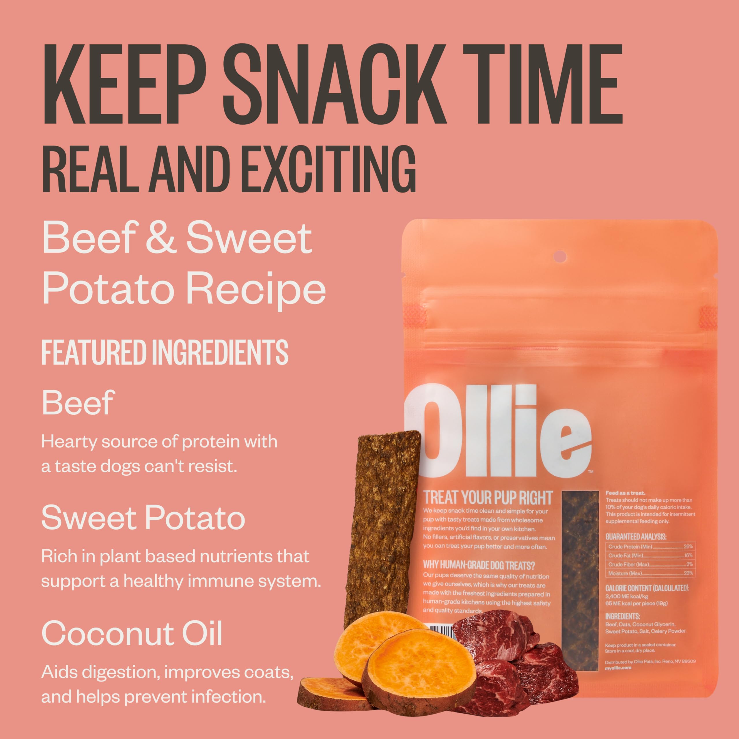 Ollie Jerky two-flavors beef-sweet-potato, chewy texture for enjoyable snacking.