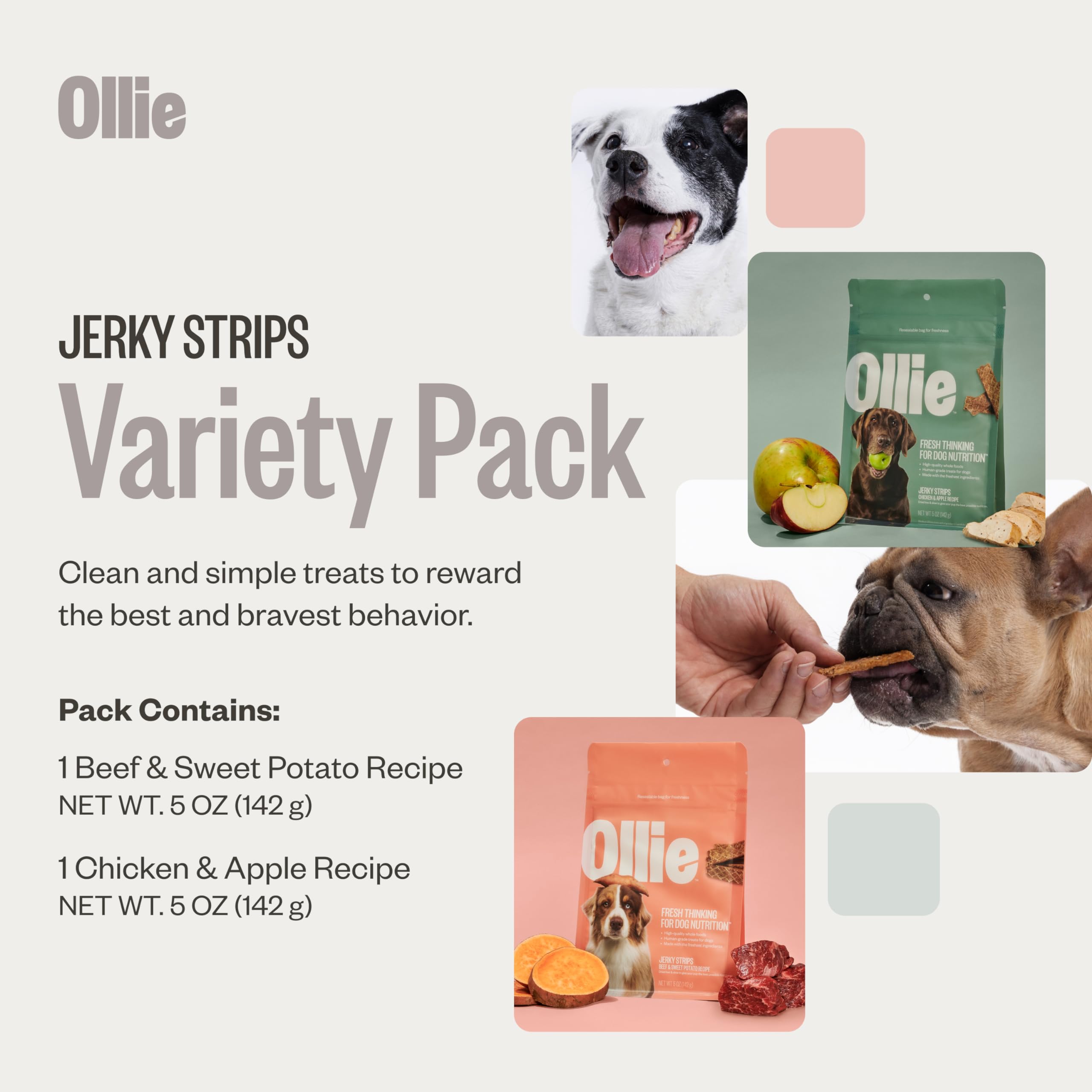 Ollie Jerky two-flavors chicken-apple, visible real ingredients in each bite.