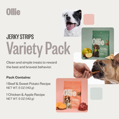 Ollie Jerky two-flavors chicken-apple, visible real ingredients in each bite.