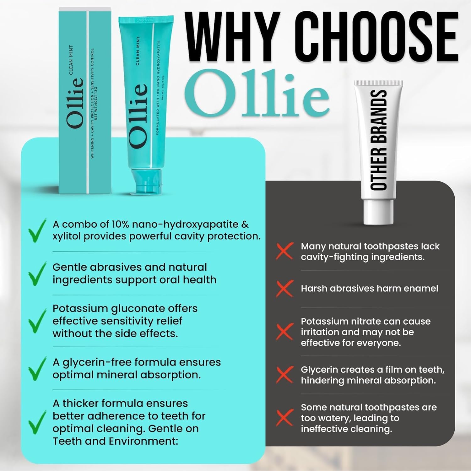 Ollie minimalist formula graphic highlighting natural xylitol and coconut oil.