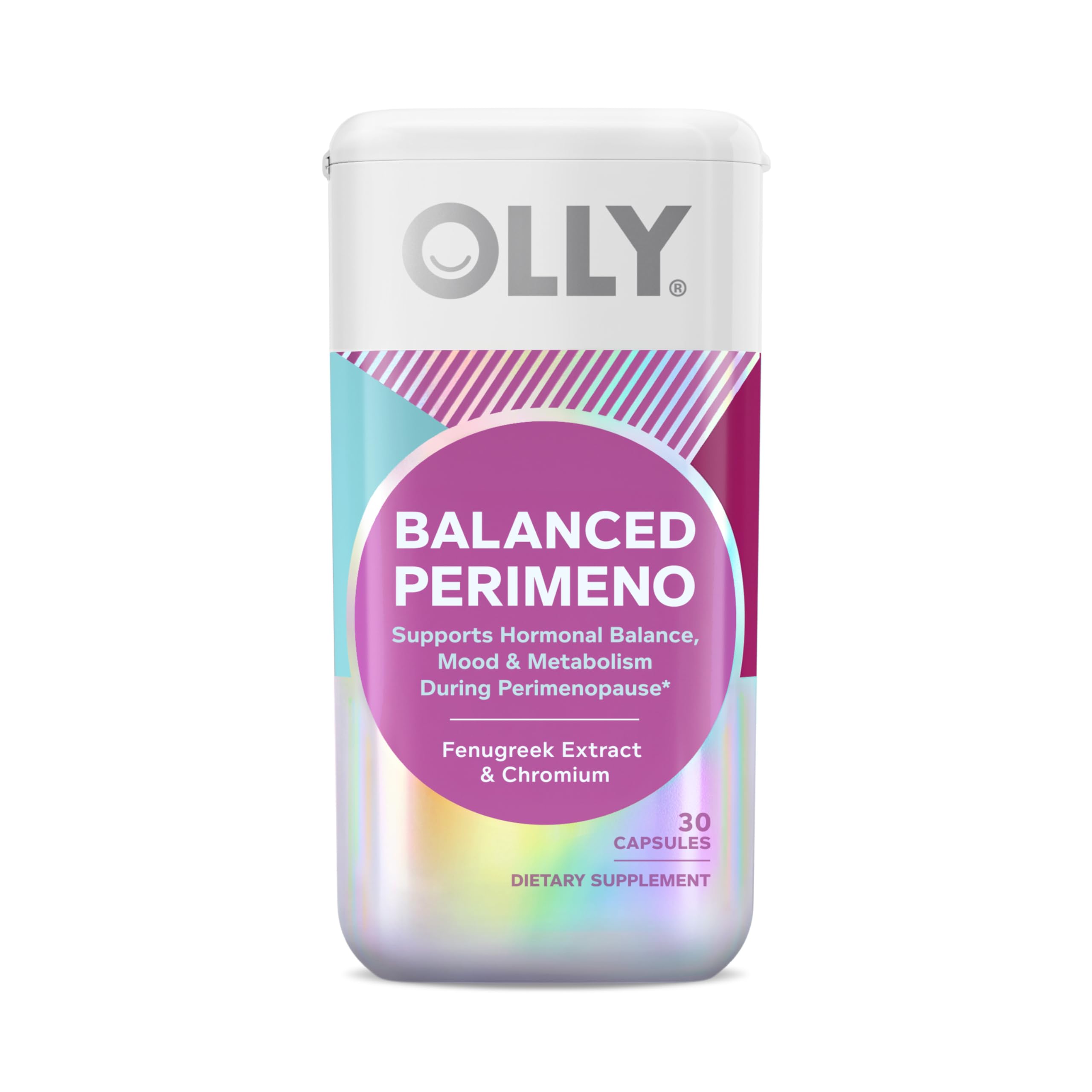 OLLY Balanced Perimeno bottle front view showing daily use for hormonal balance.