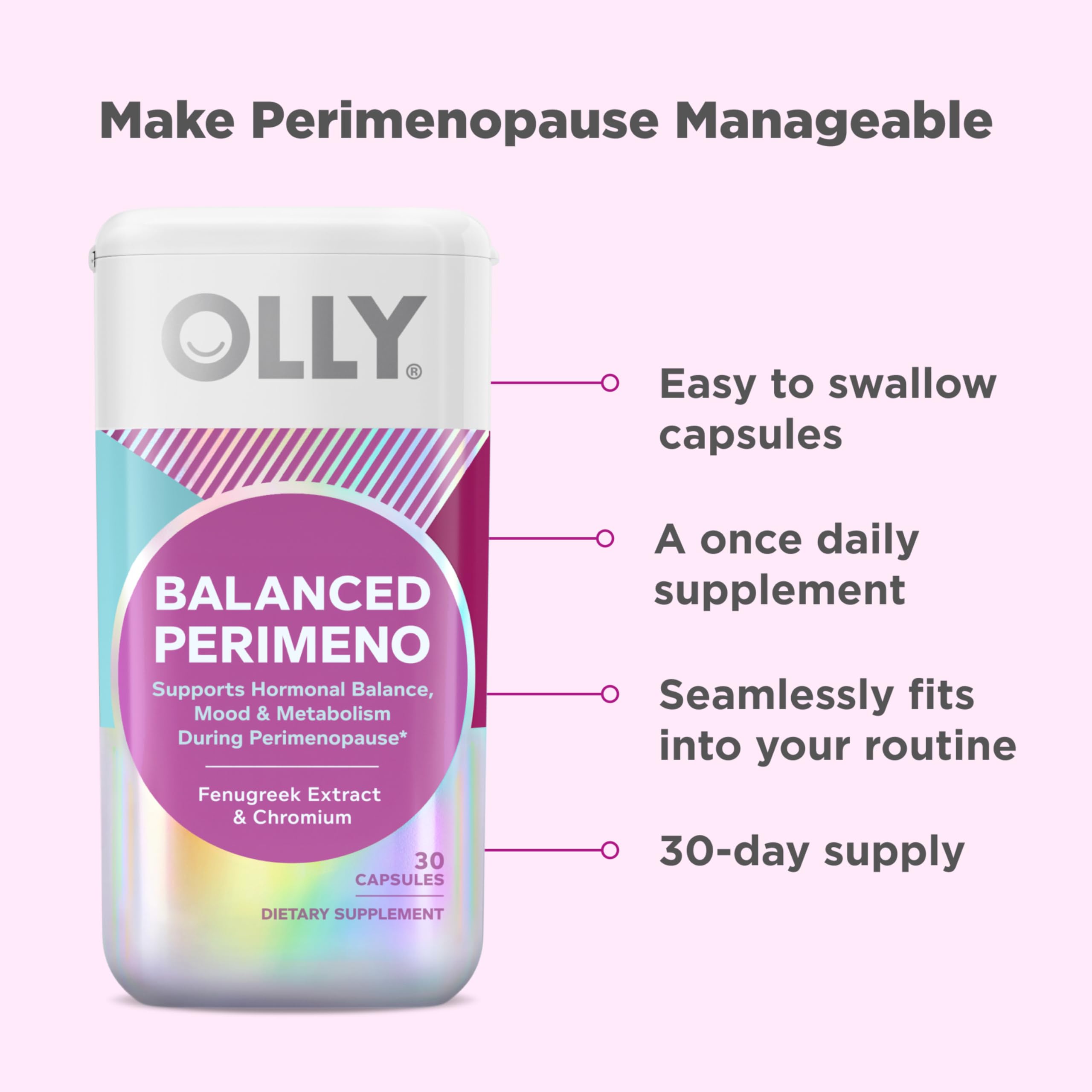 OLLY Balanced Perimeno ingredients panel featuring fenugreek and chromium.