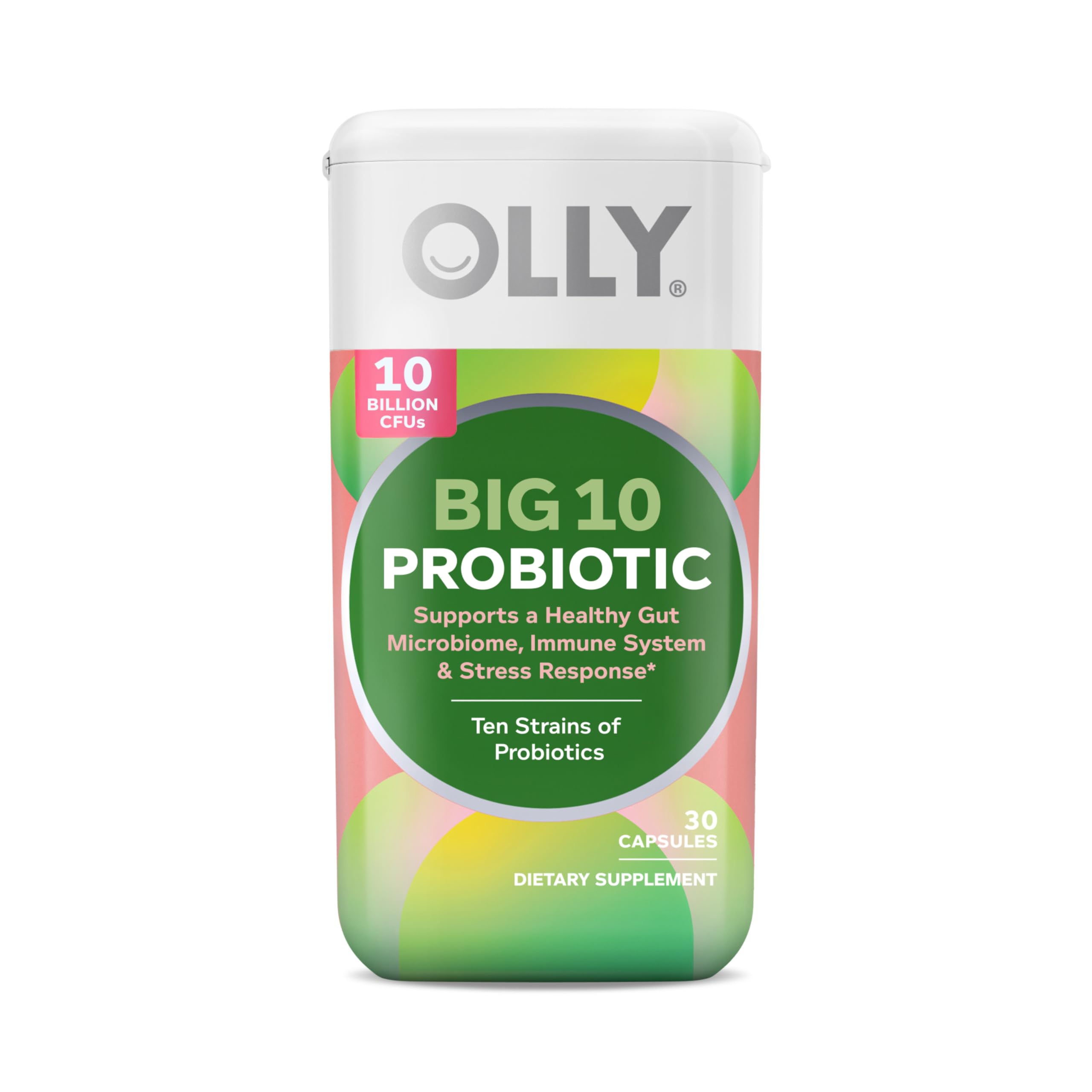 OLLY Big 10 Probiotic bottle demonstrates a daily gut balance routine.