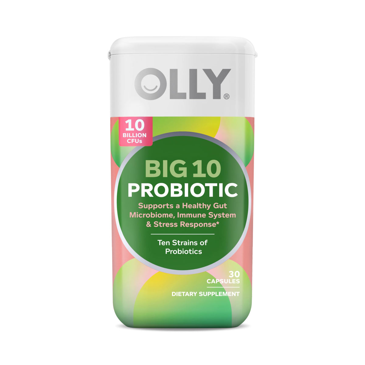 OLLY Big 10 Probiotic bottle demonstrates a daily gut balance routine.