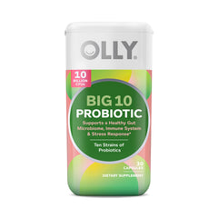 OLLY Big 10 Probiotic bottle demonstrates a daily gut balance routine.