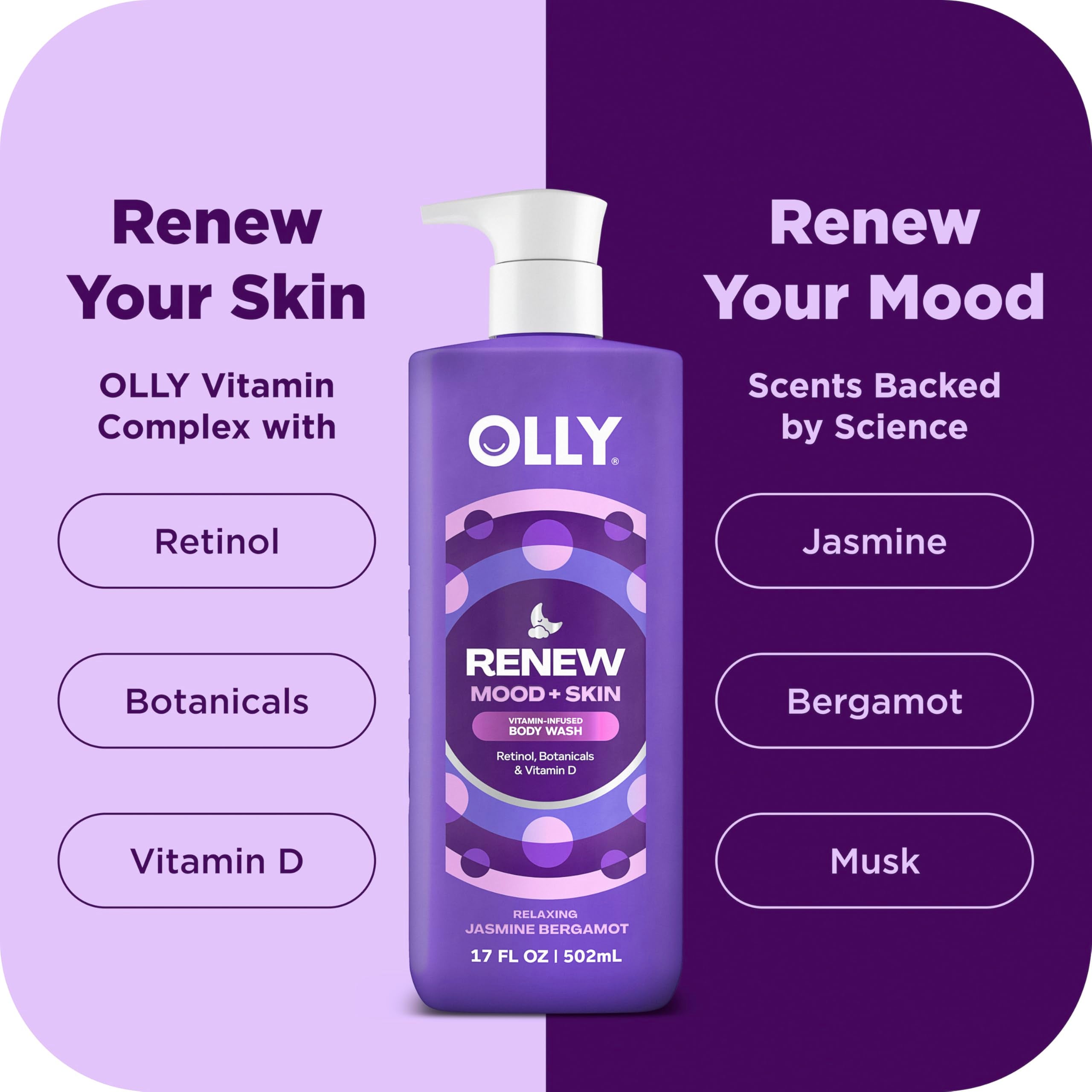 OLLY Body Wash bottle pour showing creamy texture and gentle lather.