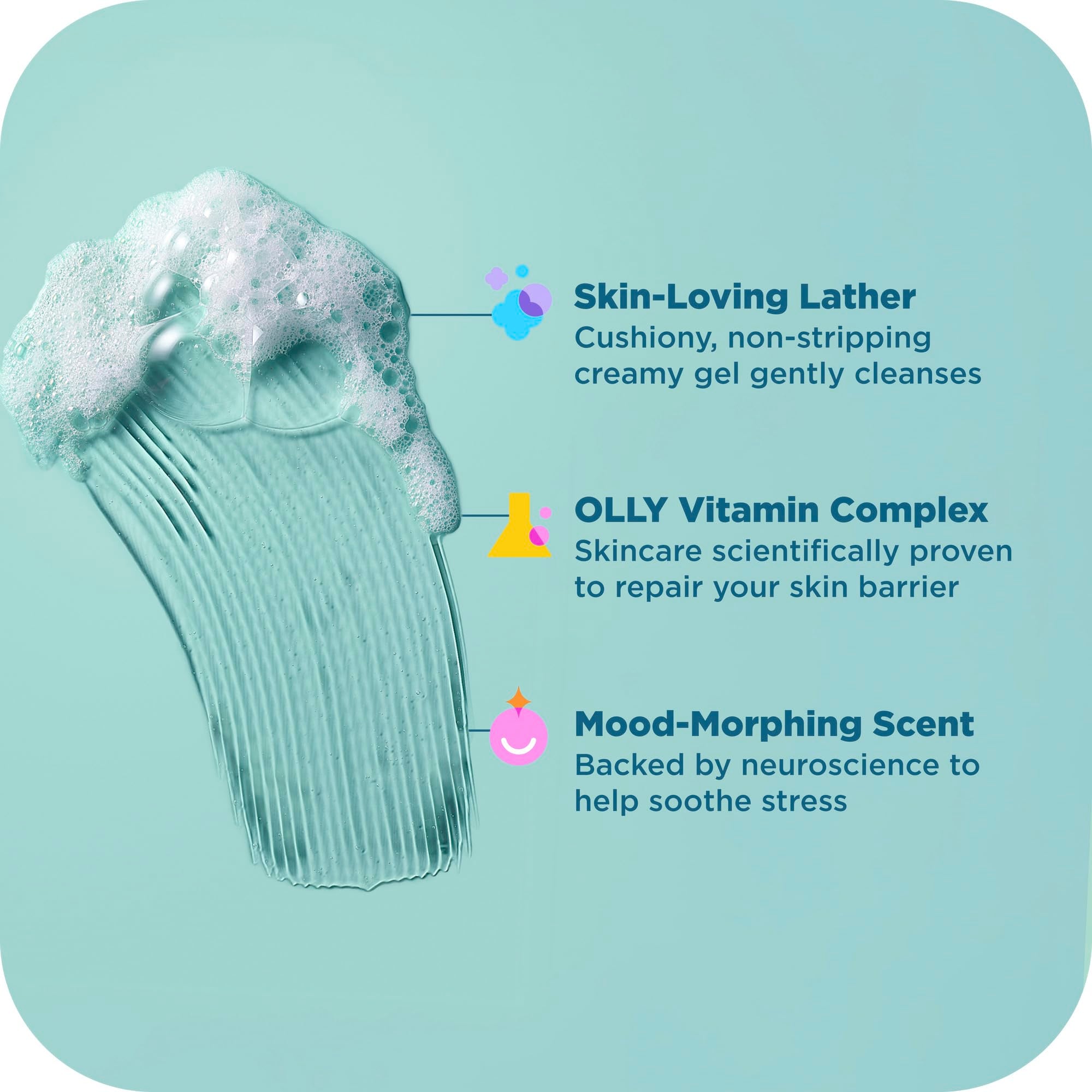 OLLY Calm Mood Skin Body Wash closeup of ingredients and nourishing formula.