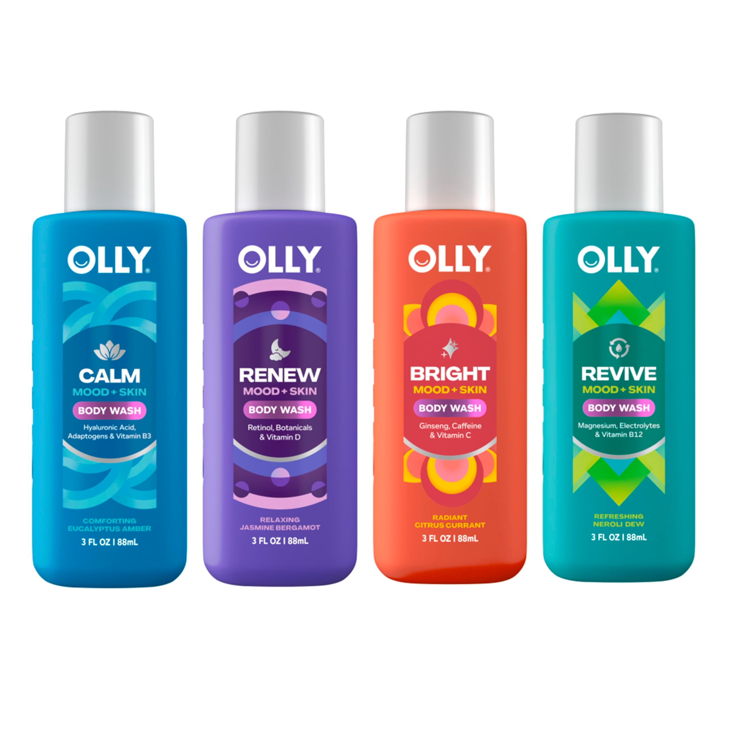 OLLY Body Wash Mixed Pack with four bottles for a hydrating nightly routine.