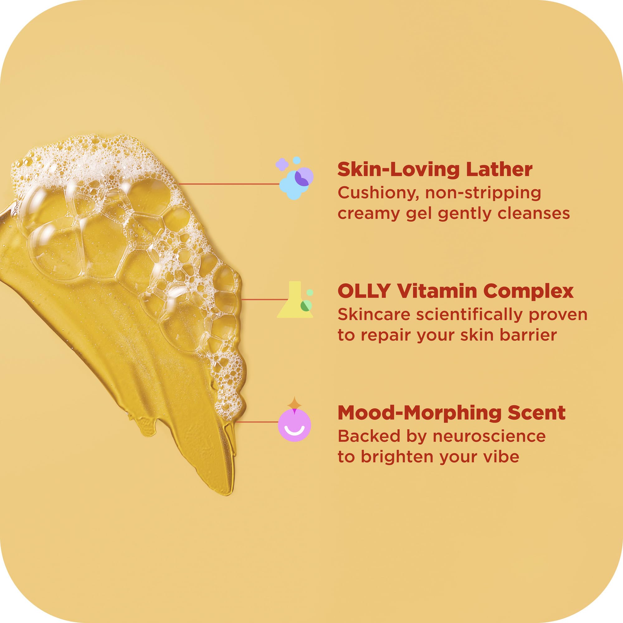 OLLY Bright Body Wash skin-barrier-care formula nourishes without tightness.