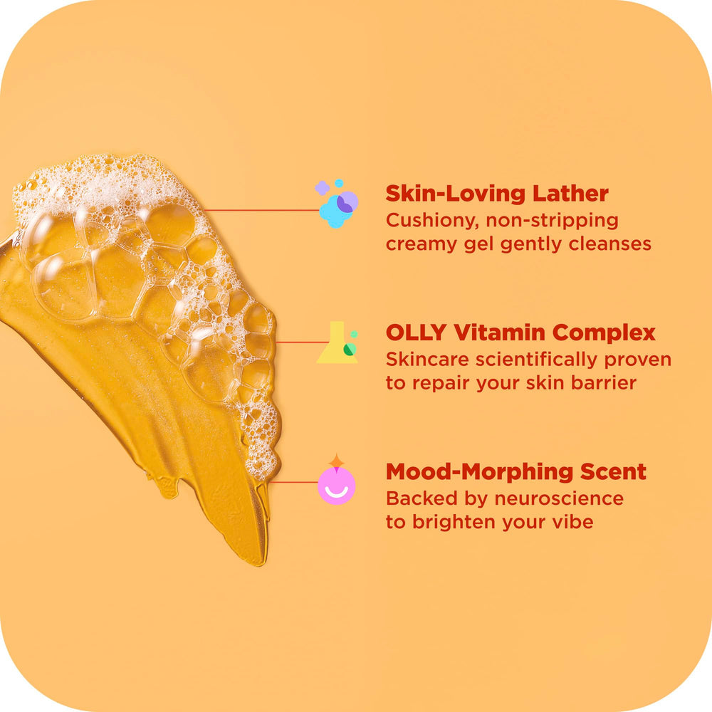 OLLY Bright Body Wash skin-barrier-care formula nourishes without tightness.