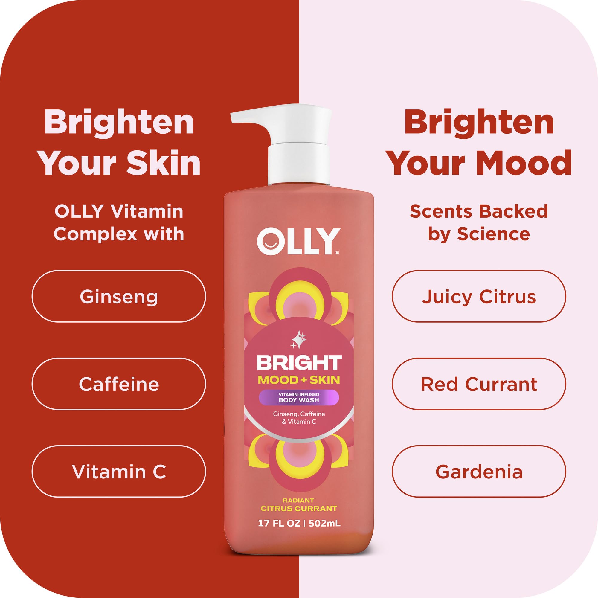 OLLY Bright Body Wash vitamin-complex supports skin vitality.