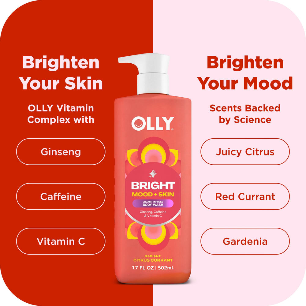 OLLY Bright Body Wash vitamin-complex supports skin vitality.