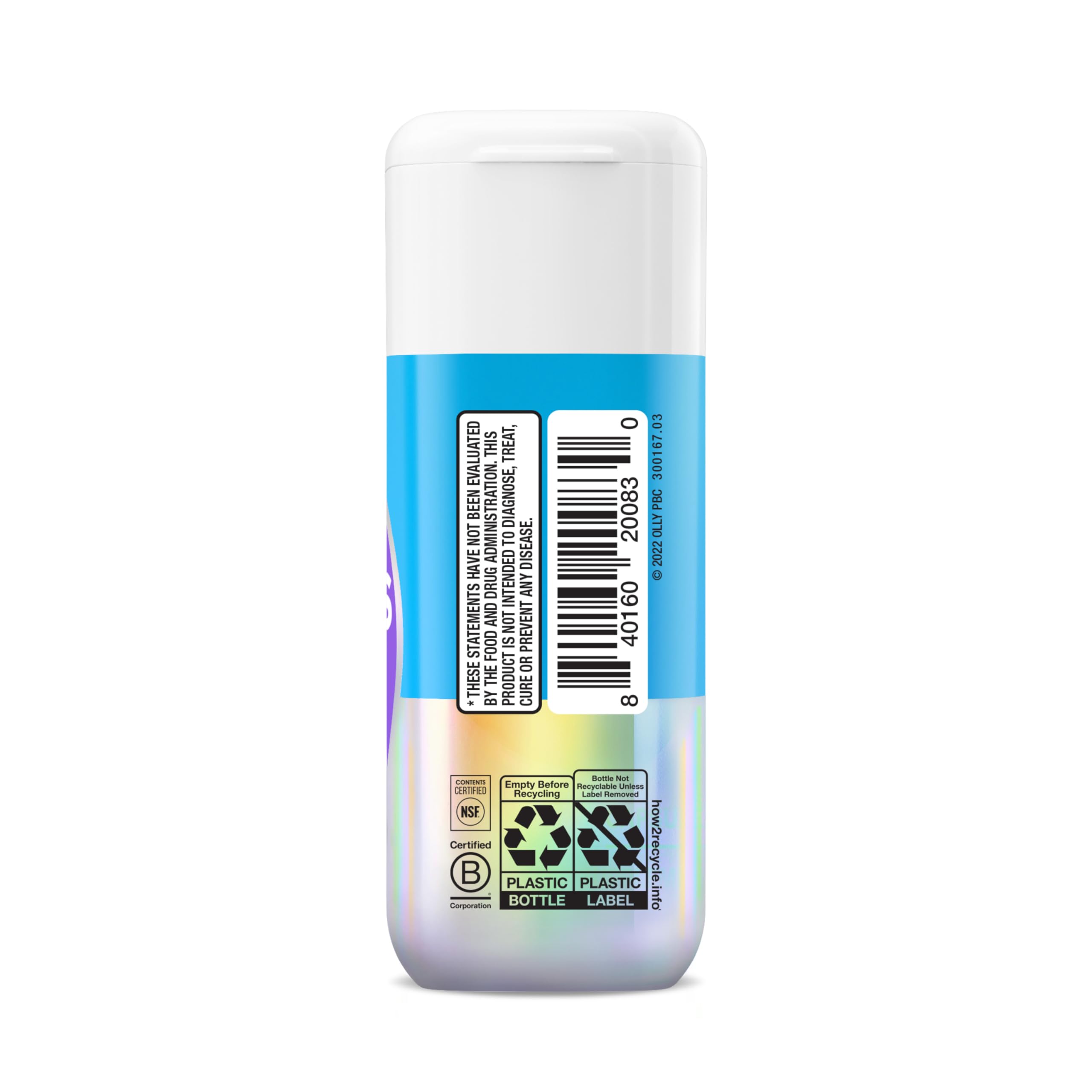 OLLY Combat Cravings label showing no synthetic flavors or colors for a clean formula