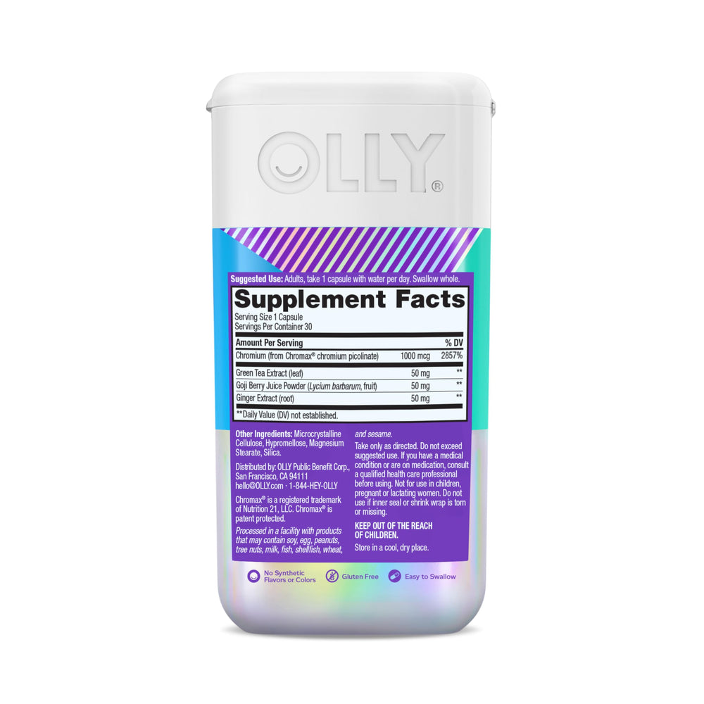 OLLY Combat Cravings packaging with ingredients highlighting gluten-free and sugar-free features