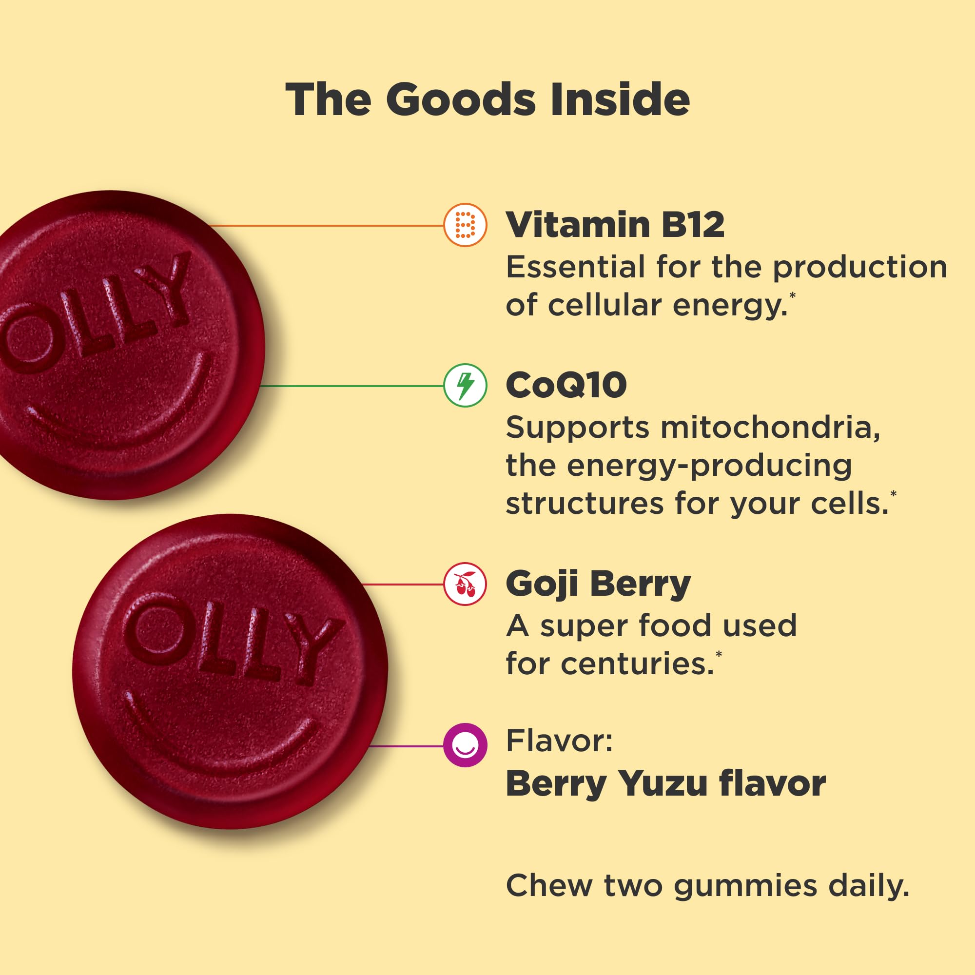 OLLY Berry Yuzu flavored gummies close-up highlighting flavor
