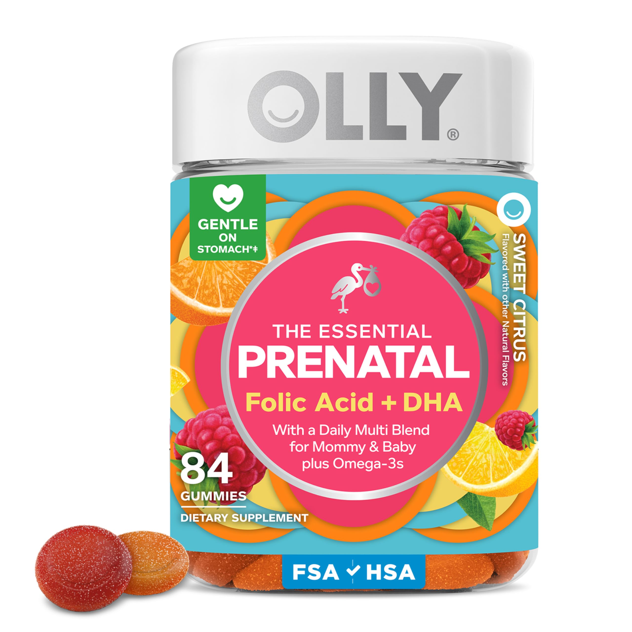 OLLY Essential Prenatal bottle front shows citrus berry gummies for daily support