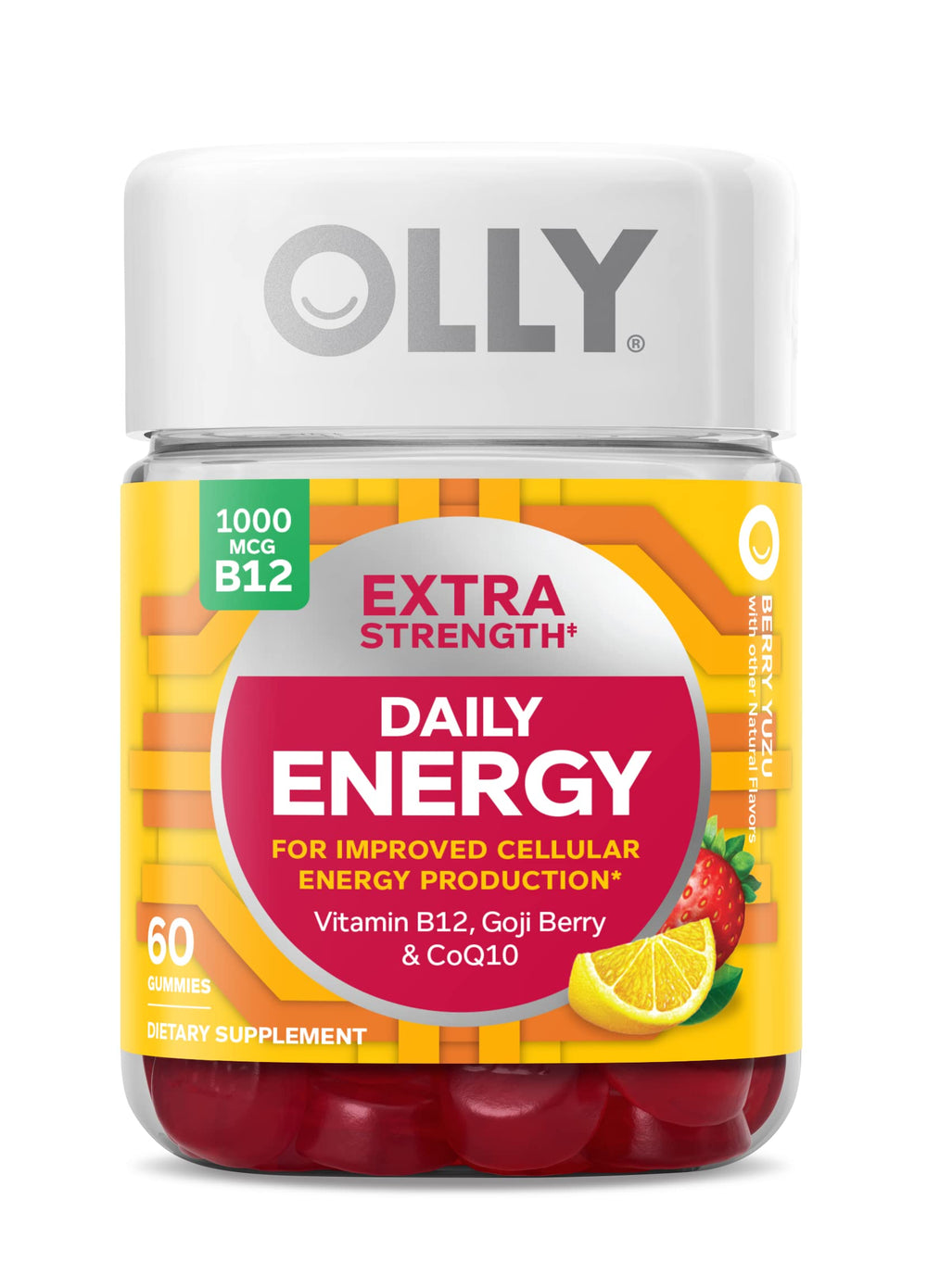 OLLY Extra Strength Daily Energy gummies bottle on counter for steady energy