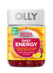 OLLY Extra Strength Daily Energy gummies bottle on counter for steady energy